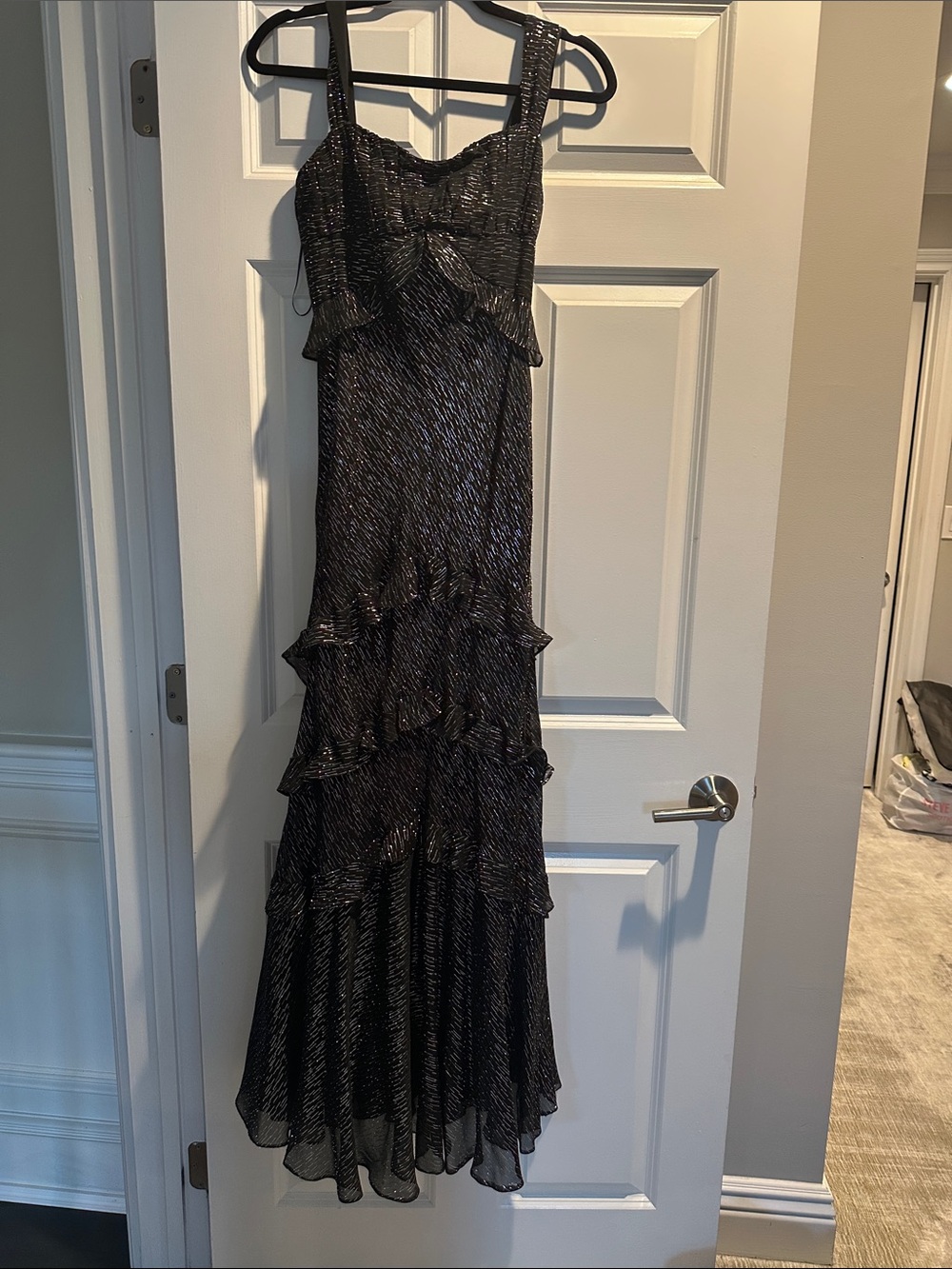 SALONI Black Metallic Ruffle Maxi Dress